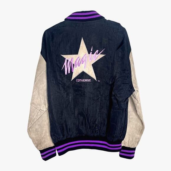 Converse Vintage 90s Mens S Magic Johnson Suede Bomber Jacket Varsity Lakers NBA - Picture 1 of 9